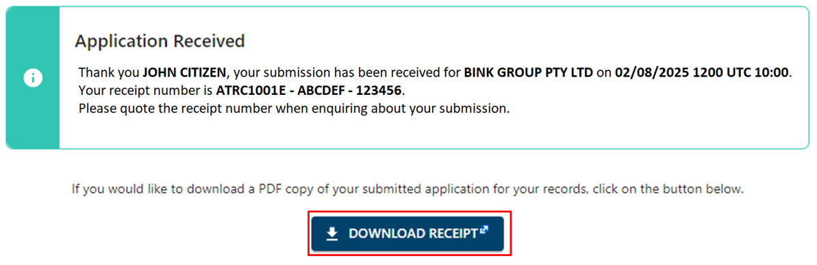 Application received message and Download receipt button 