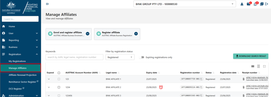 Registration option on the left hand menu is expanded, with Manage Affiliates sub-menu option selected, and a list of affiliates is displayed in a table 