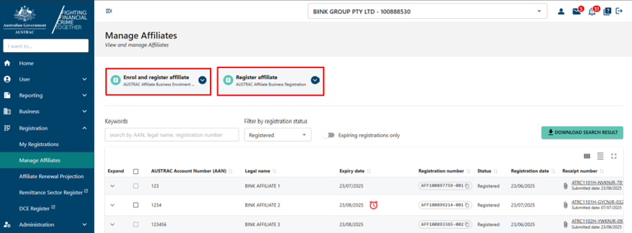 Enrol and register affiliate form and Register affiliate form in Manage affiliates page 