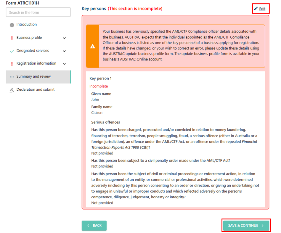 Summary and review page, with Key persons section marked as incomplete, and Back button and Save and continue button at the bottom 