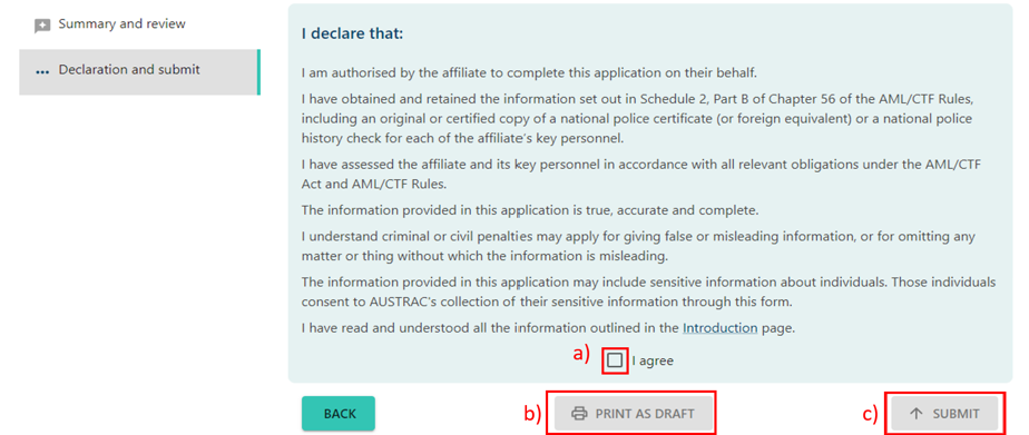 Declaration section, with checkbox for I agree, Print as draft button, and Submit button 