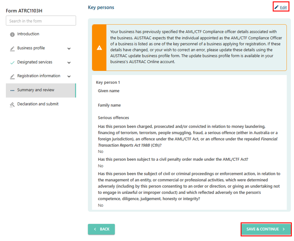Summary and review page in Update affiliate form, with a Back button and Save and continue button at the bottom 