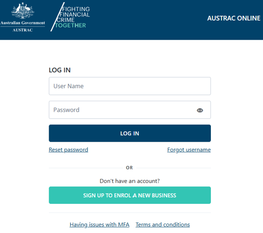 AUSTRAC Online log in page 