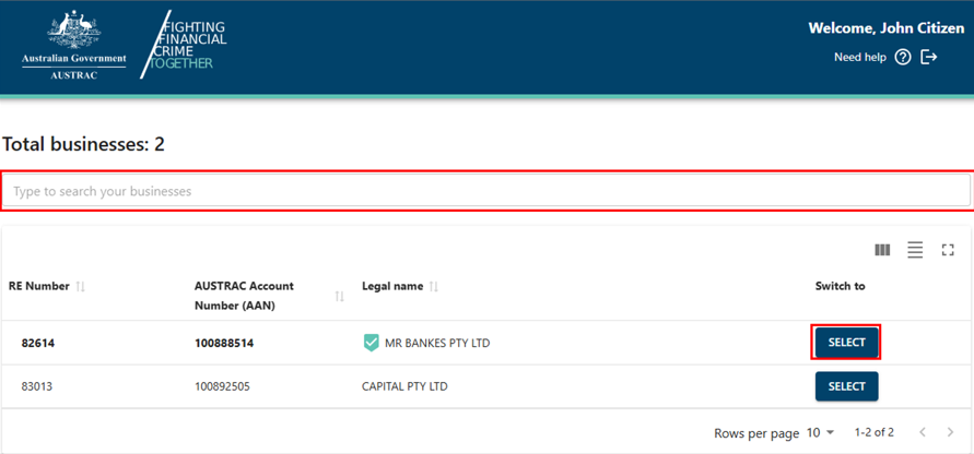 Search field and select buttons for each of the businesses listed underneath 
