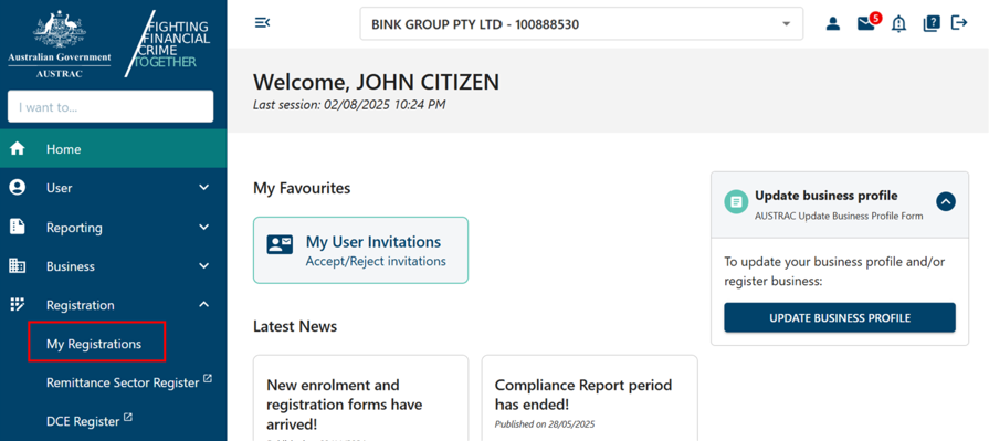 AUSTRAC Online home page with navigation menu on the left hand side, with Registration menu expanded, showing My Registration sub menu underneath 