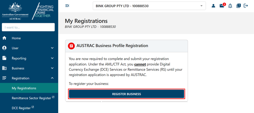My registrations page with a button to register business 