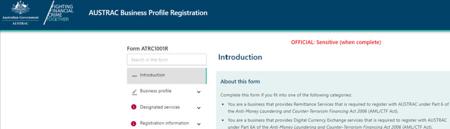 AUSTRAC business profile registration form introduction 