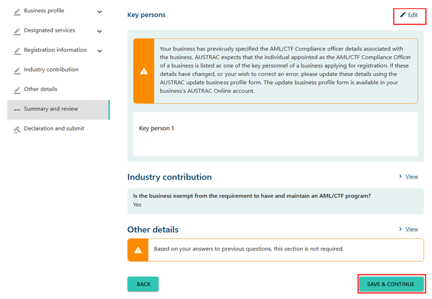 Summary and review page with Save and continue button at the bottom 
