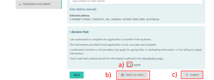 Declaration section, with checkbox for I agree, Print as draft button, and Submit button 