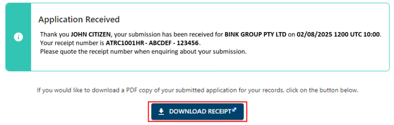 Application received message and Download receipt button 