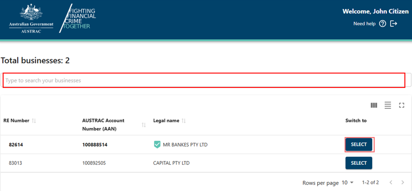 Search field and select buttons for each of the businesses listed underneath 