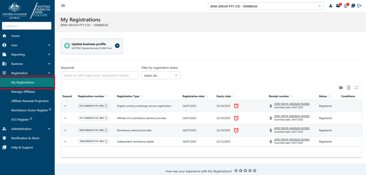 Registration option on the left hand menu is expanded, with My registrations sub-menu option selected, and a list of registrations is displayed in a table 
