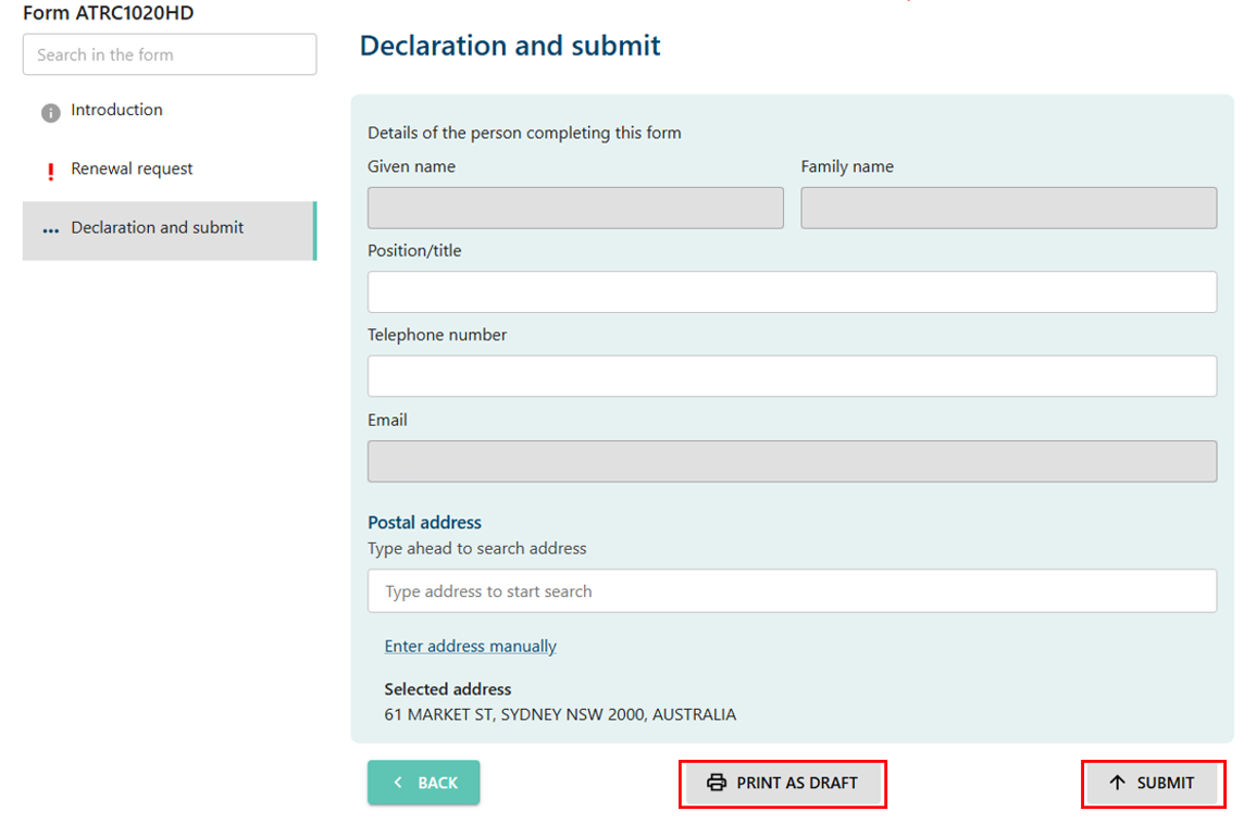 Declaration and submit page on the Renew remitter registration form, with a Back button, Print as draft button, and Submit button at the bottom 