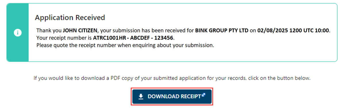Application received message and Download receipt button 