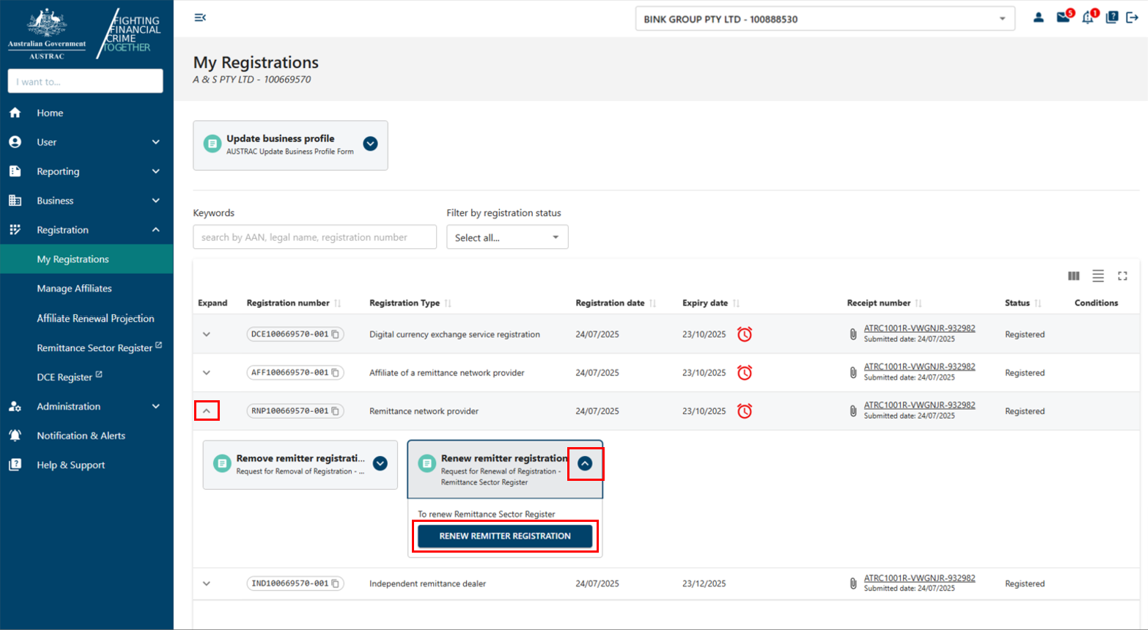 Renew remitter registration button within an expanded registration row in the My registrations table 