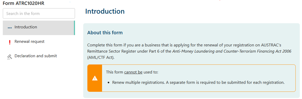 Introduction page on the Renew remitter registration form 