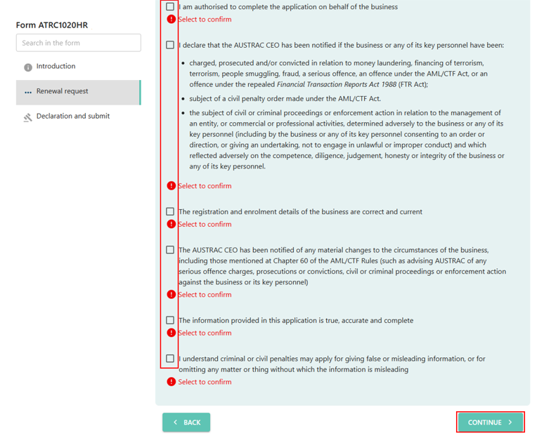 Checkboxes in the renewal request page of the Renew remitter registration form, and a Back button and Continue button at the bottom 