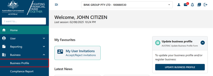 Business profile sub-menu option displayed underneath Business menu option on the left hand menu  