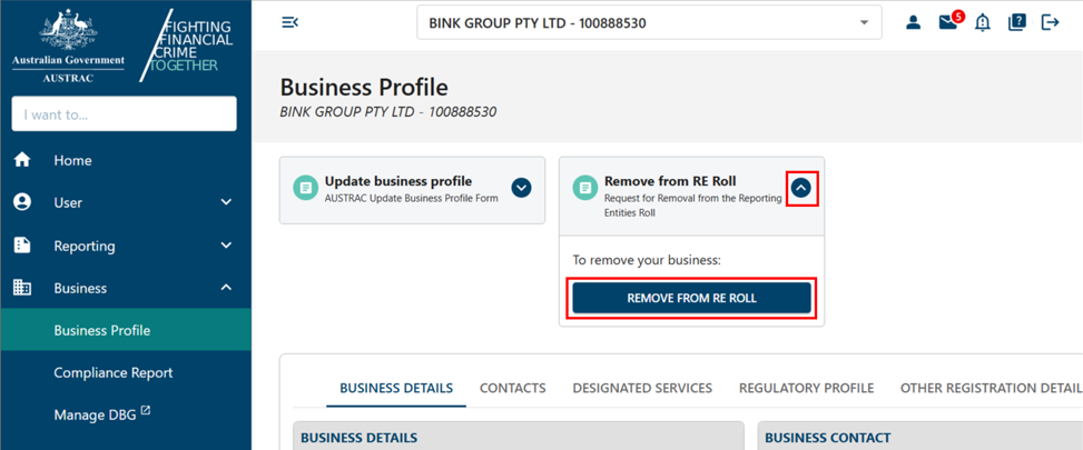 Remove from RE roll form button under Business profile sub-menu 
