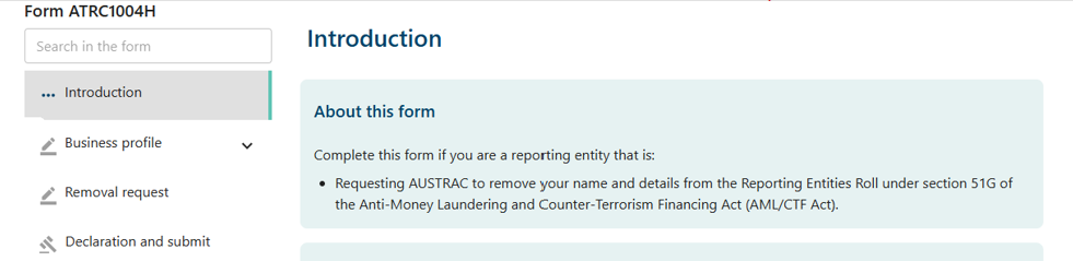 Introduction page on the Remove from RE roll form 