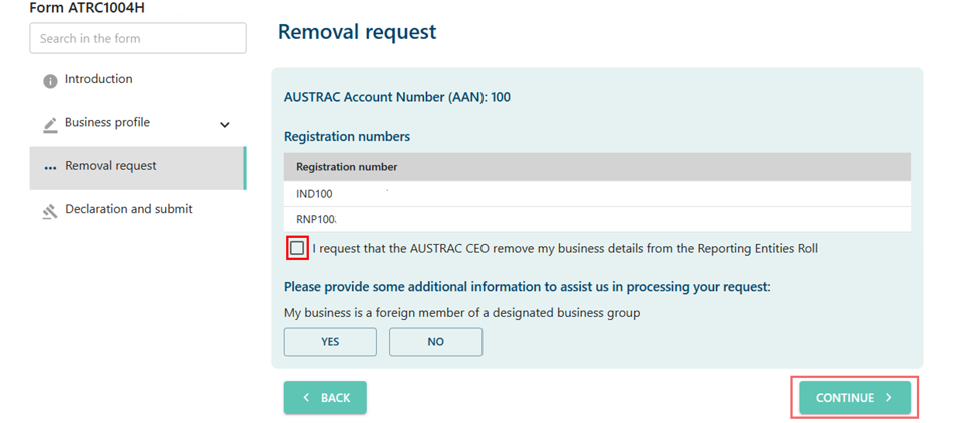 Checkbox in removal request page of the Remove from RE rolle form, and a Back button and Continue button at the bottom 