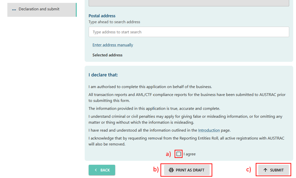 Declaration section, with checkbox for I agree, Print as draft button, and Submit button 