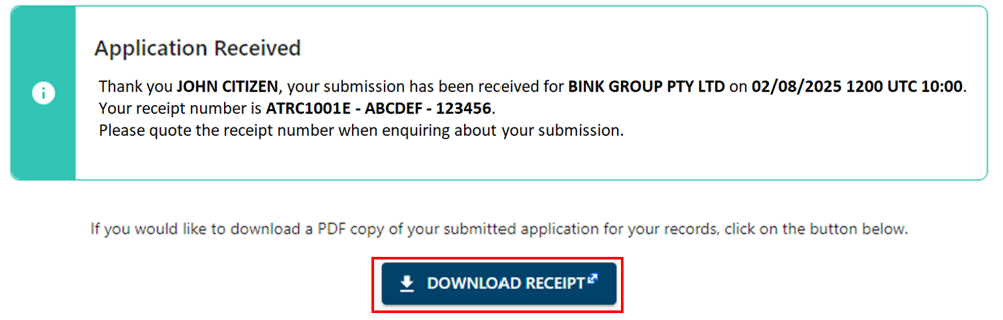 Application received message and Download receipt button 