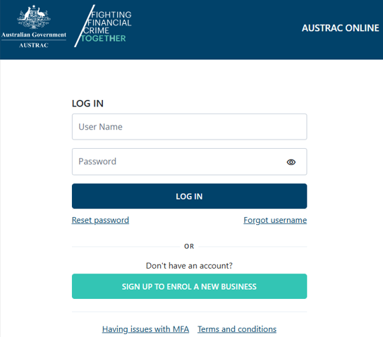 AUSTRAC Online log in page 