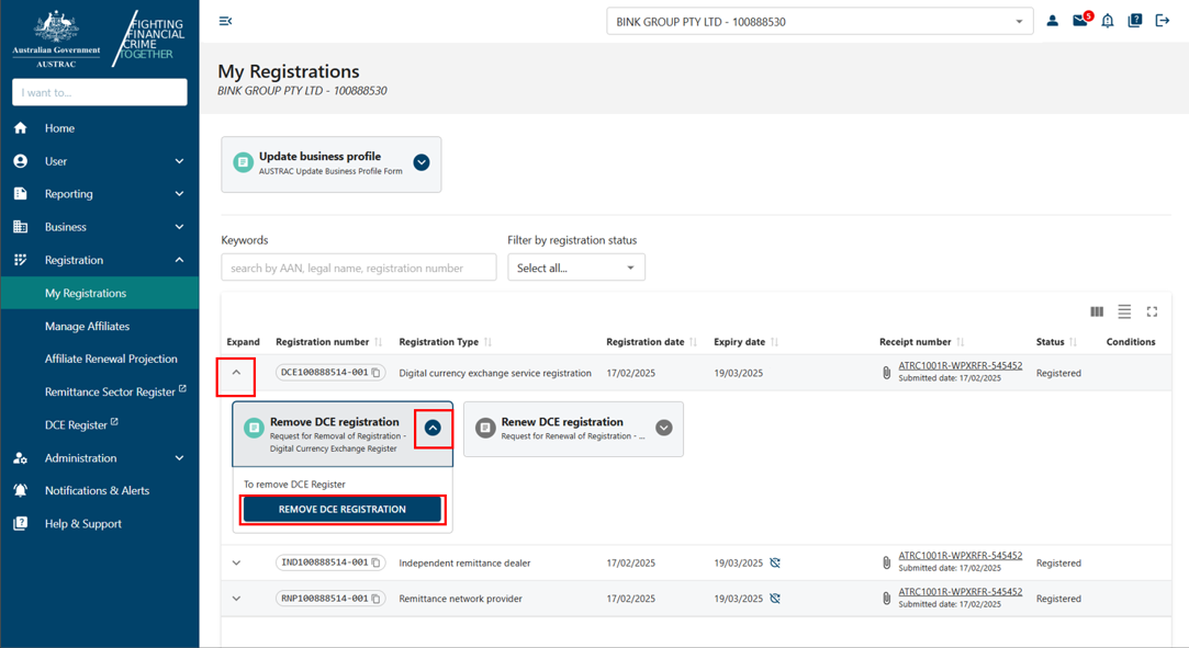 Remove DCE registration form button under a registration entry in My registration 