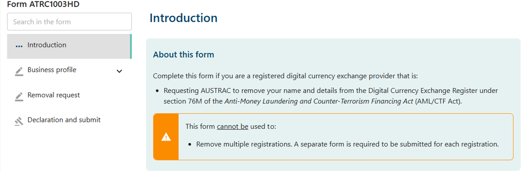 Introduction page in remove DCE registration form 