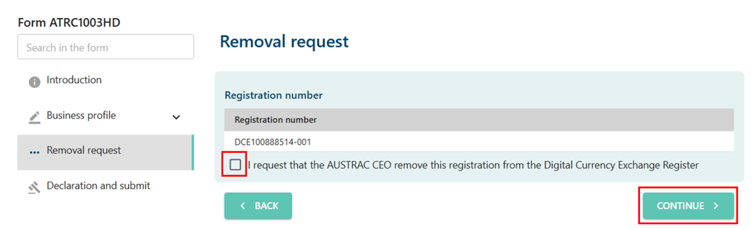Checkbox in removal request page, with a Back button and Continue button at the bottom 
