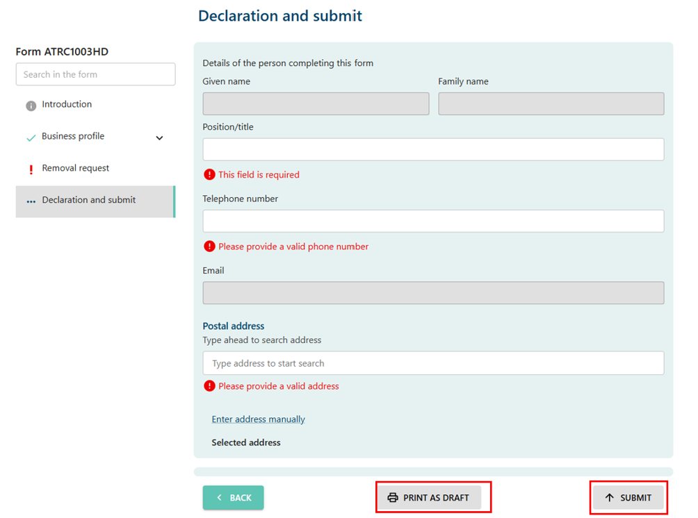 Declaration and submit page, with a Back button, Print as draft button, and Submit button at the bottom 