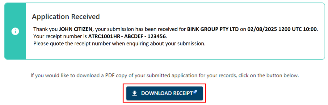 Application received message and Download receipt button 