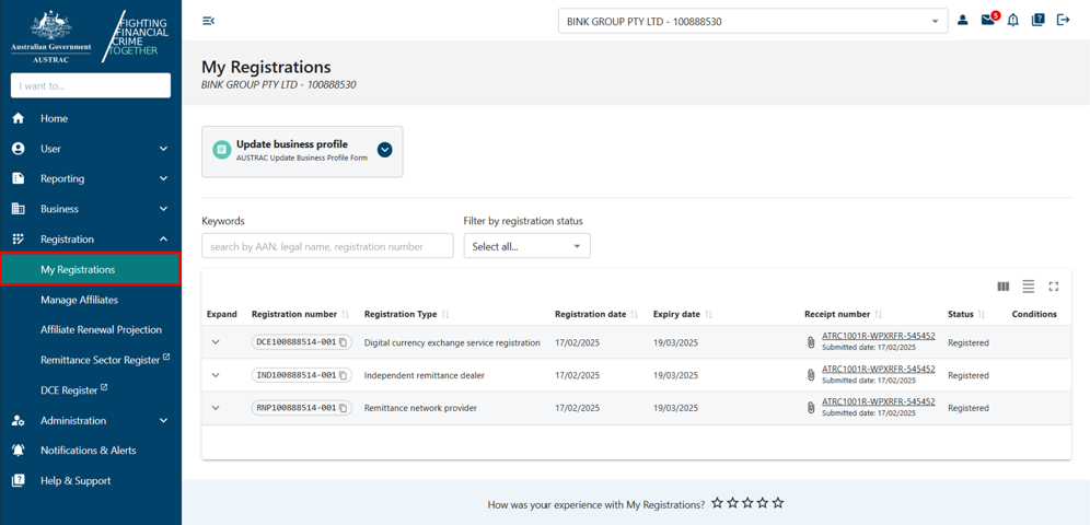 Registration option on the left hand menu is expanded, with My registrations sub-menu option selected, and a list of registrations is displayed in a table 