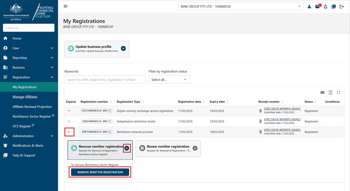 Remove remitter registration form button under an registration entry 