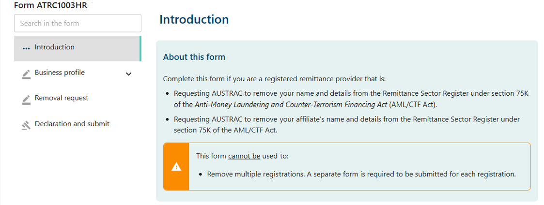 Remove remitter registration form button under an registration entry 