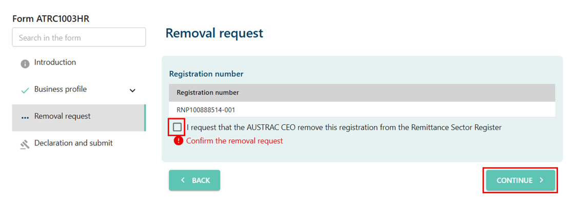 Introduction page in Remove remitter registration form 