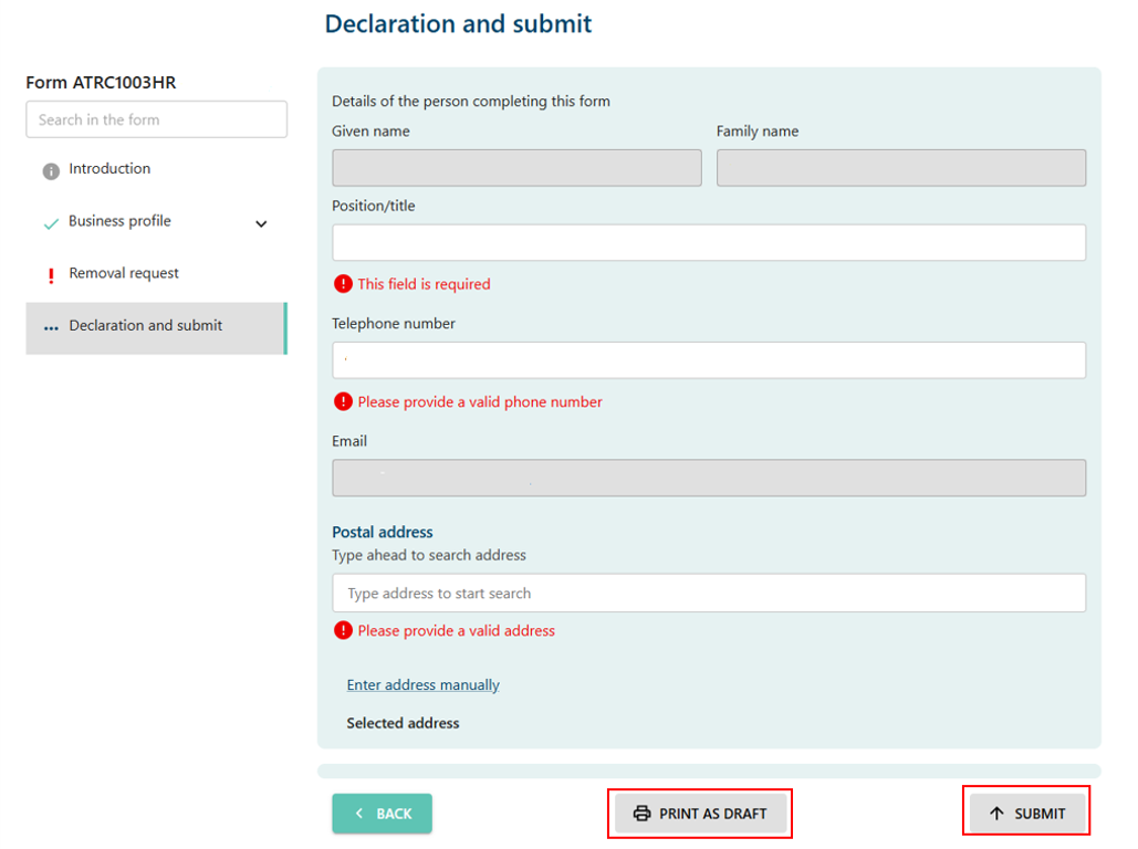 Declaration and submit page with a Back button, Print as draft button, and Submit button at the bottom 