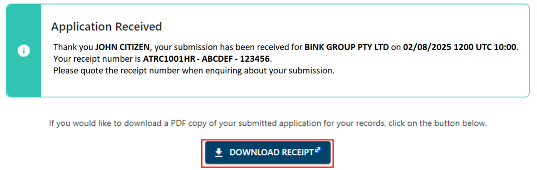 Application received message and Download receipt button 