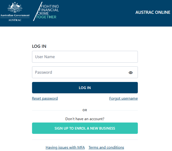 AUSTRAC Online log in page 