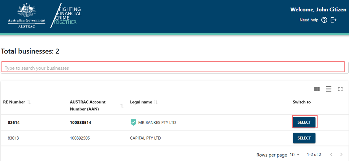Search field and select buttons for each of the businesses listed underneath 