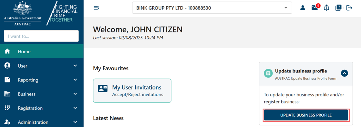Update business profile form on the right hand side of home page 
