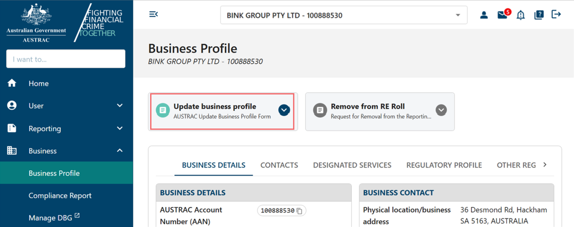 Update business profile form in the Business profile page 
