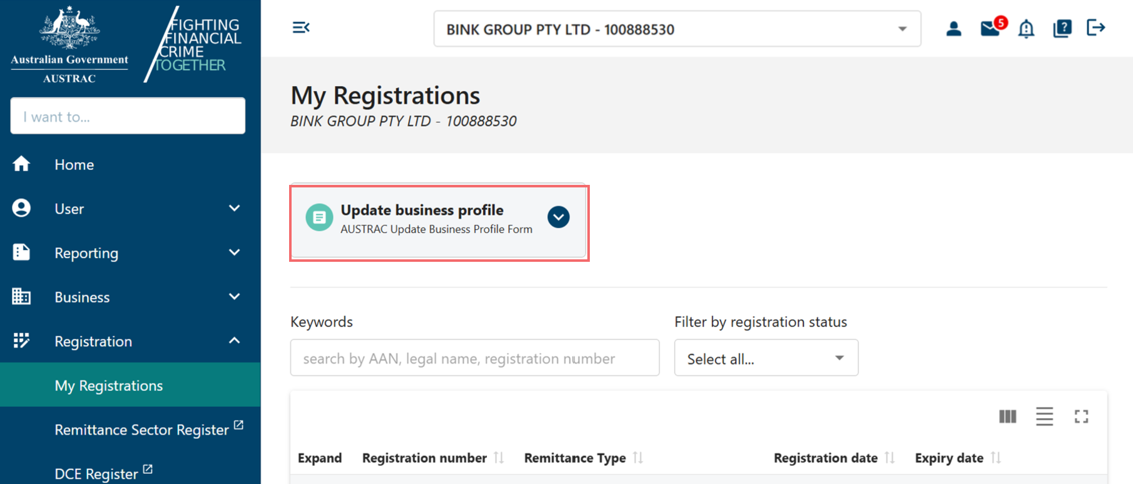 Update business profile form in My registrations page 