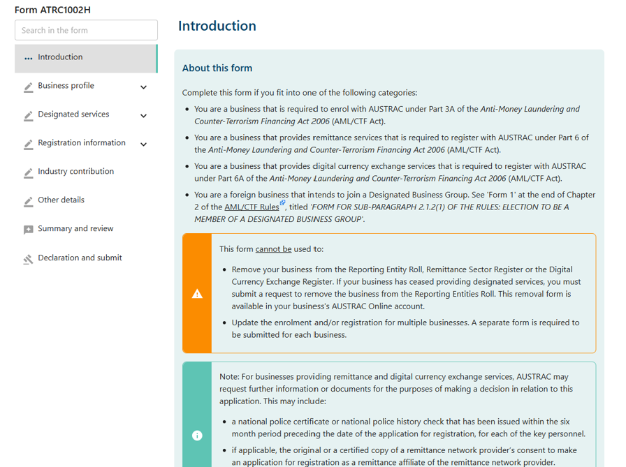 Introduction page of registration form 