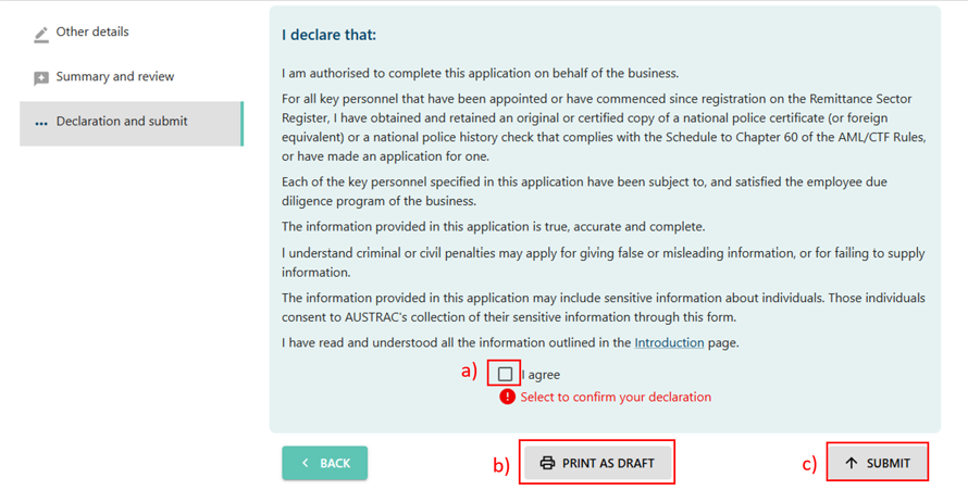 Declaration section, with checkbox for I agree, Print as draft button, and Submit button 