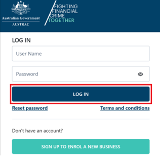 Log in button in AUSTRAC Online login page