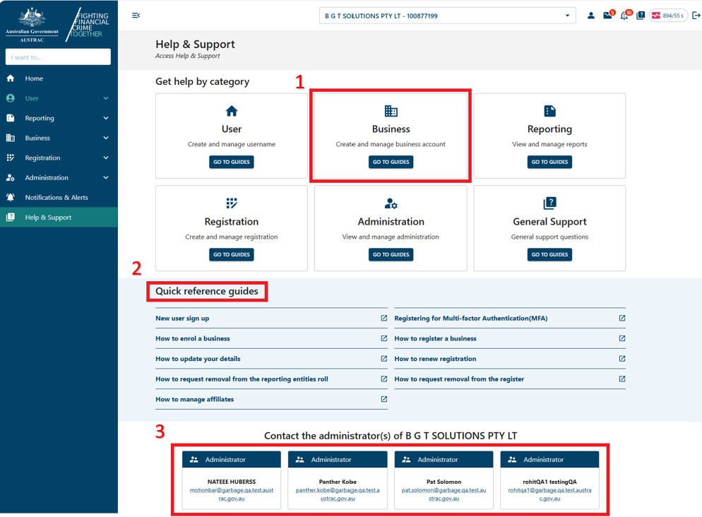Categorised help resources at the top of Help and support page, followed by quick reference guides and Administrator contacts 