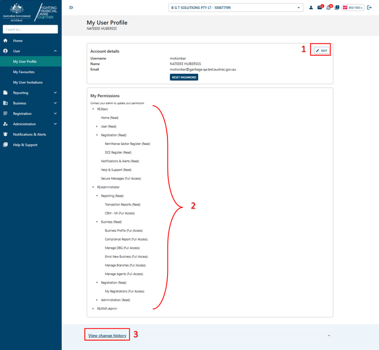 My user profile page, with 1 - Edit button, 2 – My permissions section, and 3 – view change history section at the bottom