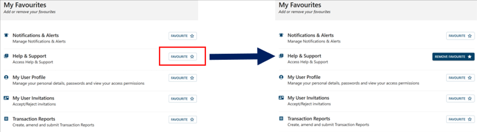 Favourite button for Help and Support changes to Remove favourite button on clicking in My favourites page